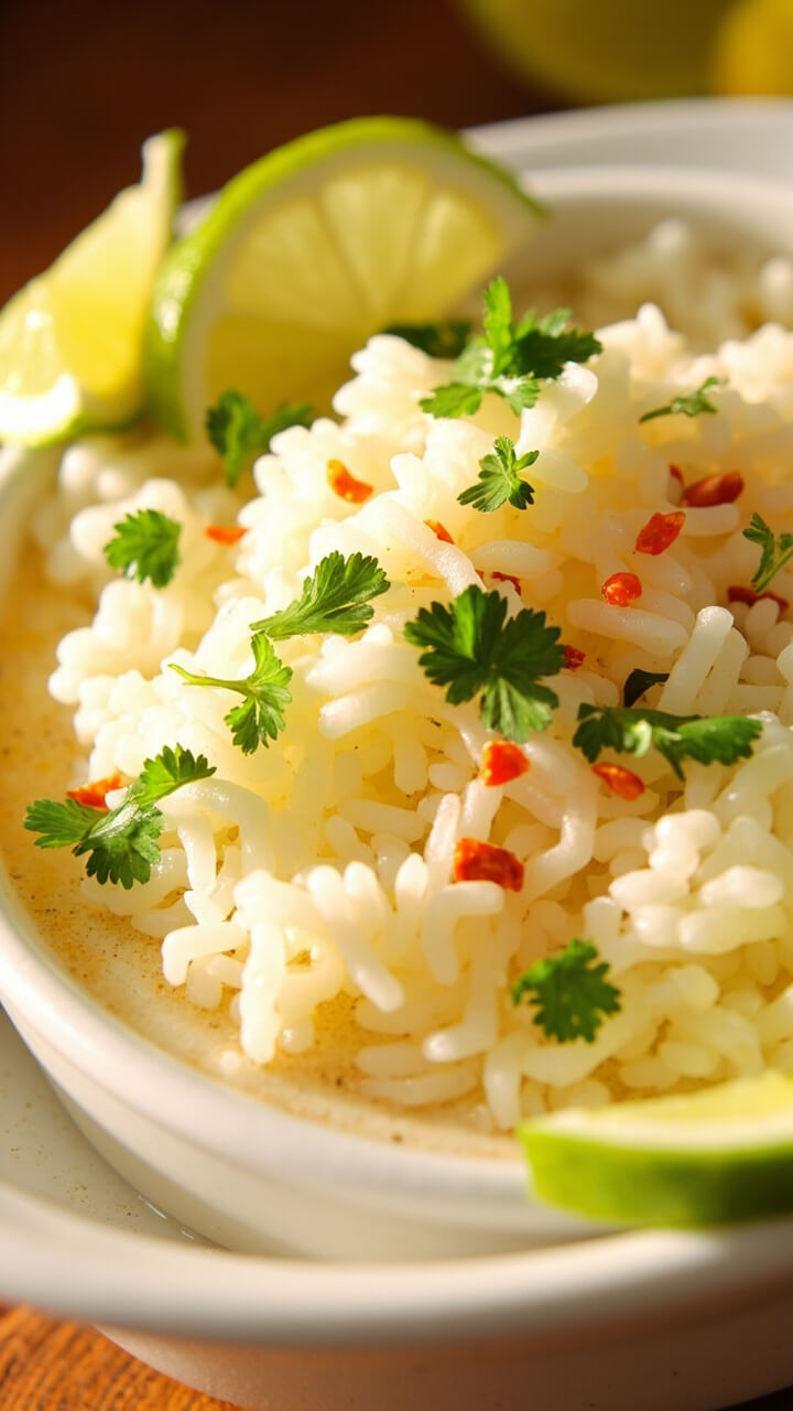 A bowl of steamed white rice with flecks of bright green cilantro, tiny bits of chili, and fresh lime wedges, the surface lightly glossy from olive oil. A bowl of steamed white rice with flecks of bright green cilantro, tiny bits of chili, and fresh lime wedges, the surface lightly glossy from olive oil.