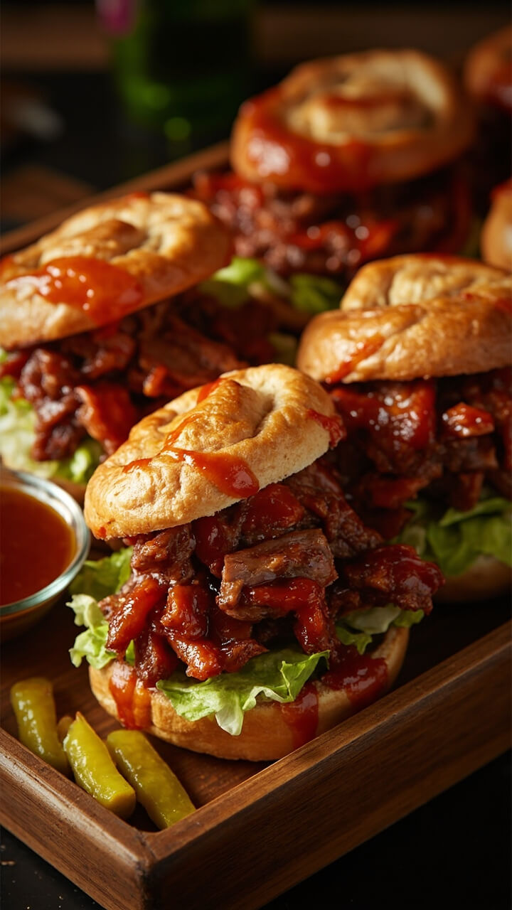 Crusty sandwich rolls stuffed with slices of barbecued steak, slathered in sticky barbecue sauce. Crispy lettuce peeks out, and quick pickles line a wooden tray. There’s an extra side of sauce in a small bowl.