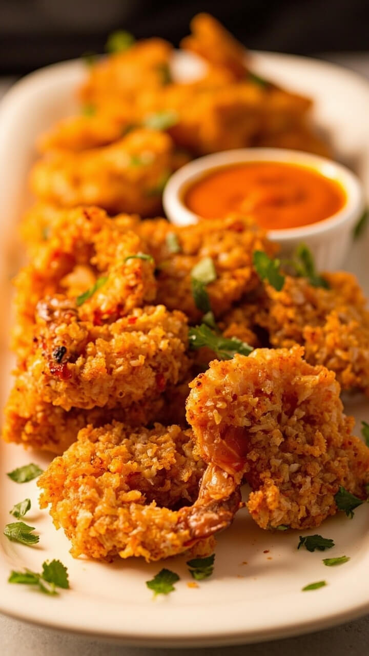 Golden-brown coconut-crusted shrimp on a white platter, small bowl of glossy orange sweet chili dipping sauce, and flecks of green cilantro scattered on top. Golden-brown coconut-crusted shrimp on a white platter, small bowl of glossy orange sweet chili dipping sauce, and flecks of green cilantro scattered on top.