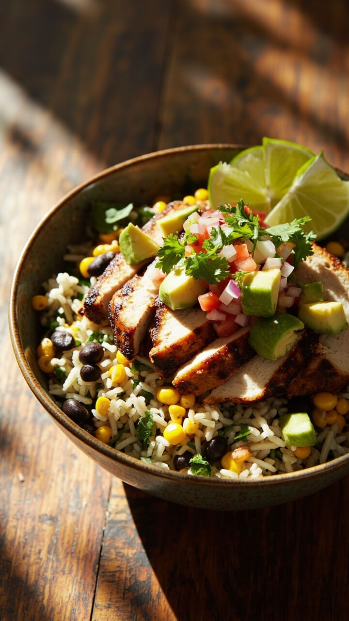A large bowl layered with cilantro-lime rice, sliced chipotle chicken breast, black beans, corn, and diced avocado. Garnished with pico de gallo and lime wedges.