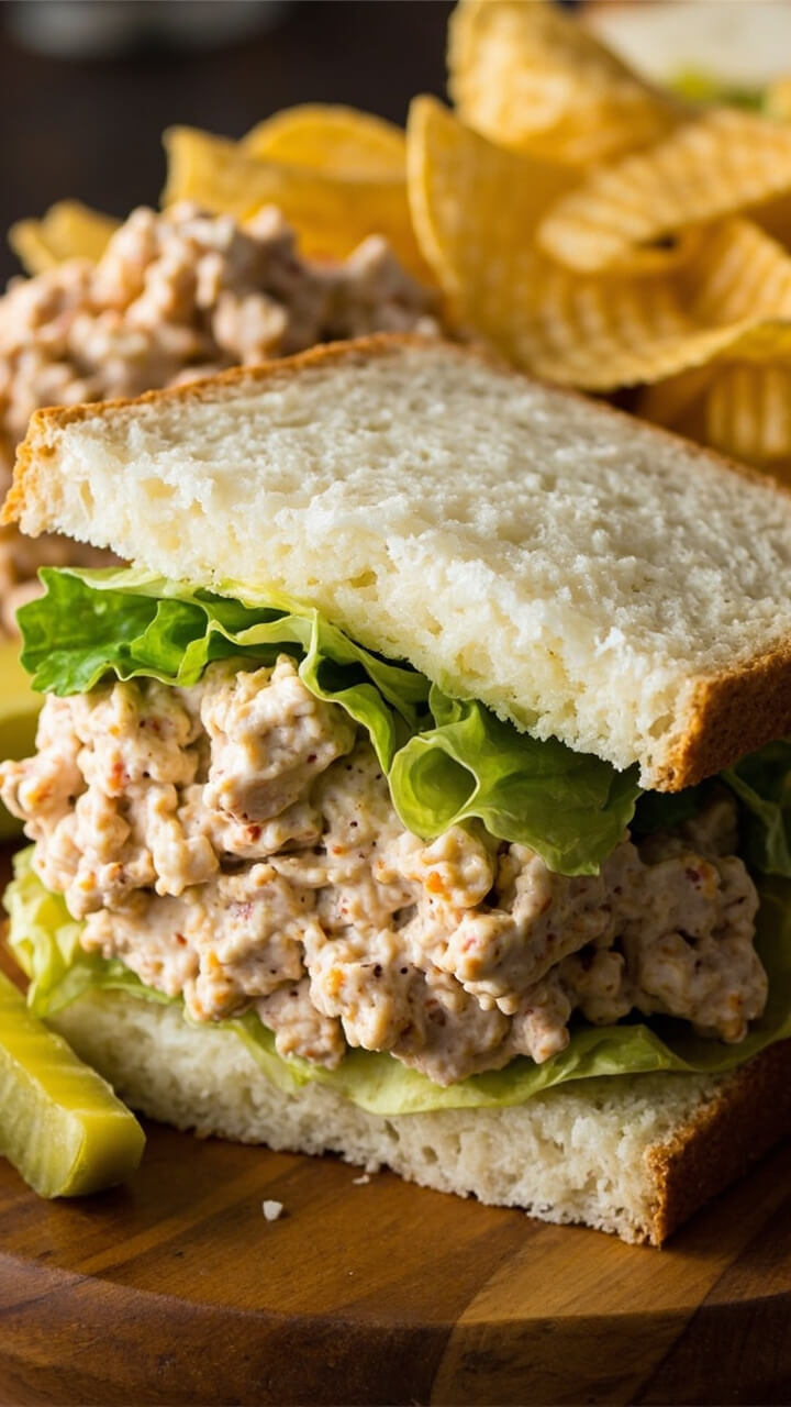 A hearty tuna salad piled between slices of soft white sandwich bread, fresh lettuce leaves peeking out, with kettle chips on the side and a few pickle spears. Everything’s stacked neatly on a wooden board.