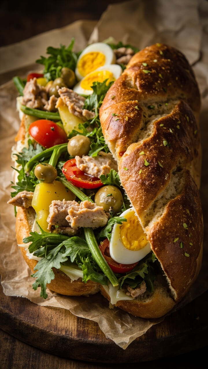 A split, crusty baguette layered with leafy greens, sliced hard-boiled eggs, vinaigrette-tossed tuna, small boiled potatoes, olives, green beans, and tomato slices, cut into wedges on parchment, with a sprinkle of fresh parsley. A split, crusty baguette layered with leafy greens, sliced hard-boiled eggs, vinaigrette-tossed tuna, small boiled potatoes, olives, green beans, and tomato slices, cut into wedges on parchment, with a sprinkle of fresh parsley.