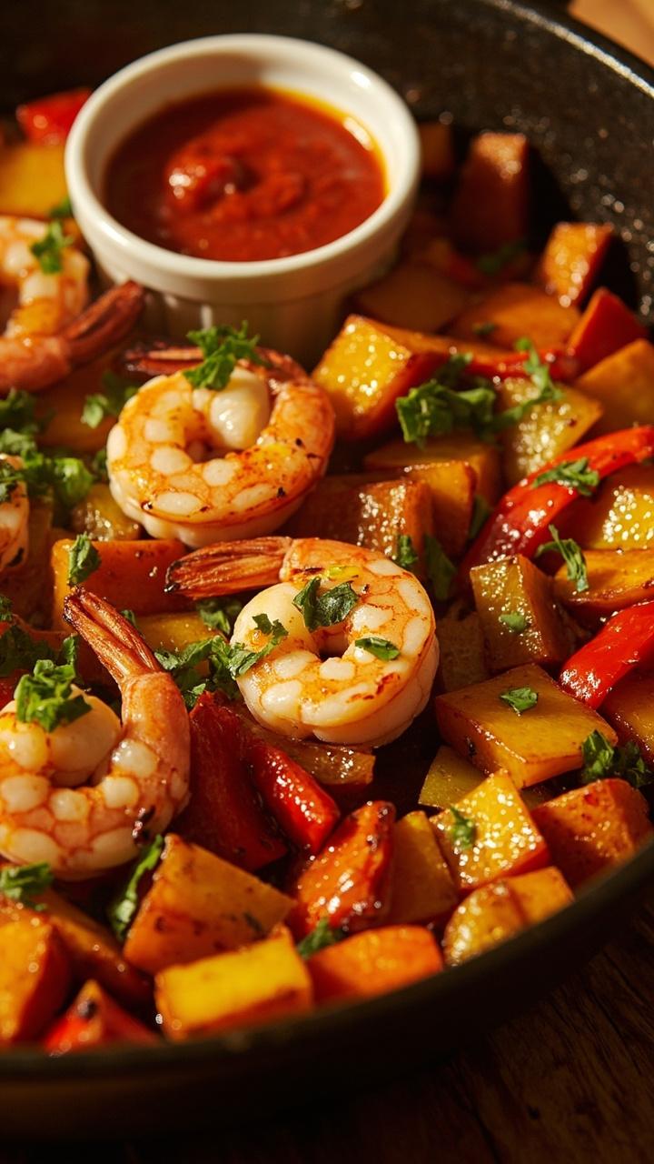 A cast iron skillet filled with golden cubes of crispy sweet potato, sautéed bell peppers, and shrimp, all garnished with fresh chopped parsley and a small ramekin of hot sauce on the side.