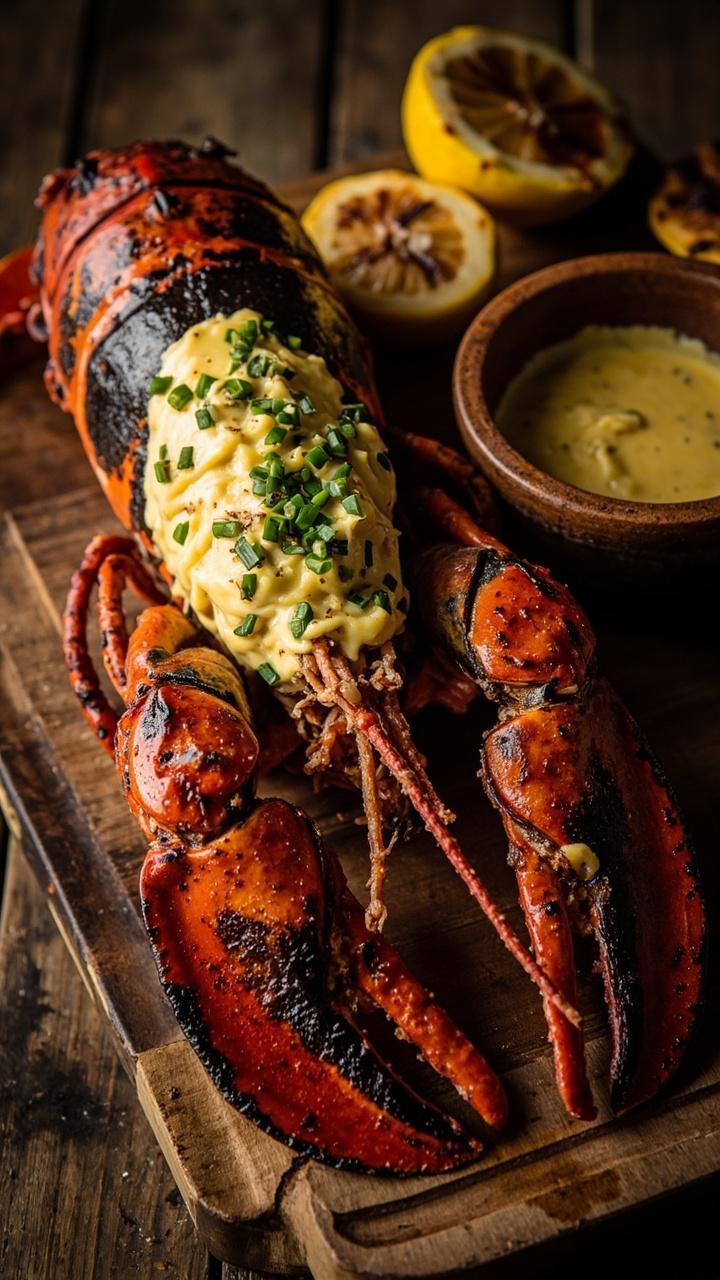 A split whole lobster is charred slightly on the edges, placed meat-side up on a weathered wooden cutting board. The lobster is slathered with melted herb garlic butter and topped with chopped chives. A small bowl of extra herb butter and a few lemon halves, charred from the grill, are nearby.