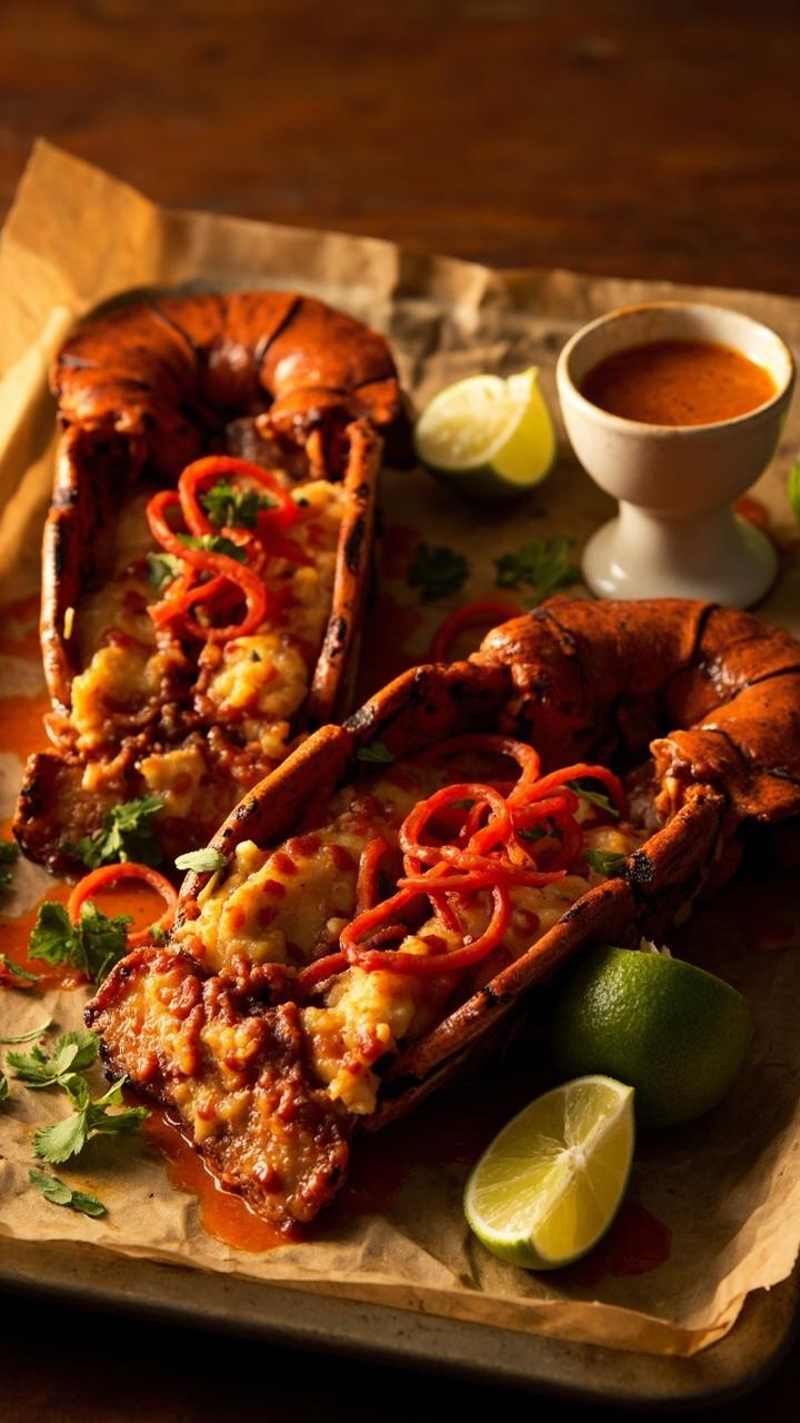 Halved lobsters rest under caramelized broiled tops, their meat glistening with a glossy red-orange chili butter glaze. The shells are placed on a parchment-lined tray, garnished with chopped cilantro and thin rings of fresh red chili. A small cup of extra chili garlic butter sits to the side, with lime wedges for squeezing.