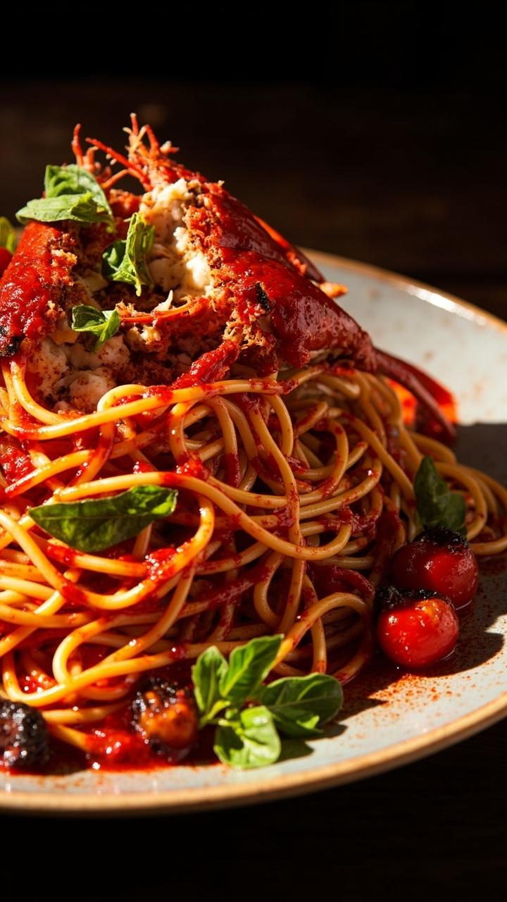 Al dente spaghetti is piled onto a large ceramic plate, swirled with a rich red tomato sauce flecked with chili. A whole, split lobster sits on top, the meat peeking out. Fresh basil leaves are scattered over everything, and a few cherry tomatoes are blistered on the side.
