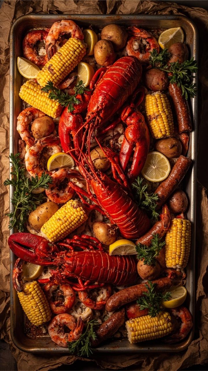 A large metal tray holds whole red lobsters, bright yellow corn cobs, red-skinned potatoes, smoked sausage slices, and pink shrimp, all glistening with seasoned butter. Lemon wedges and clusters of parsley finish the scene. Crumpled brown paper underneath adds to the festive feel.