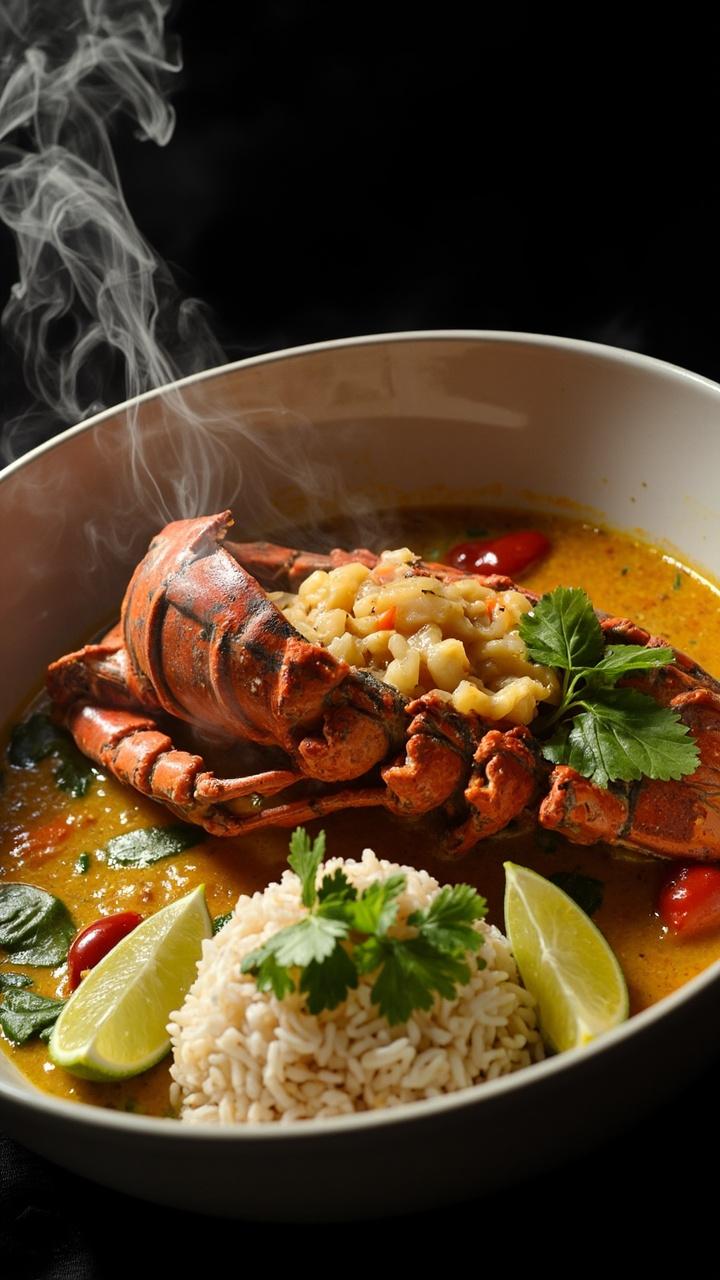 A split whole lobster sits in a wide shallow bowl, nestled in golden coconut curry sauce dotted with red peppers and basil. Steam rises from the bowl, and the lobster shells gleam against the curry. Cooked jasmine rice is mounded on the side, with lime wedges and fresh cilantro scattered on top.