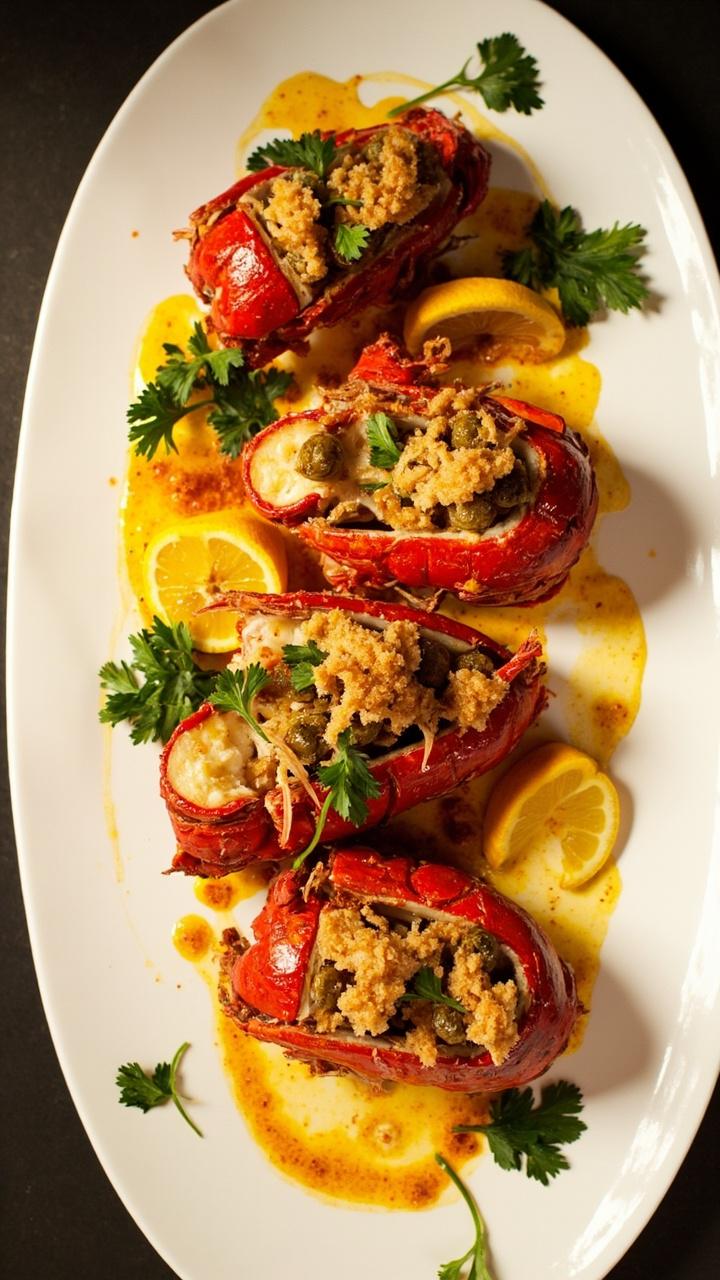 Lobster halves are arranged on a large oval platter, their butter-browned meat glossy and flecked with fried capers. A warm brown butter sauce drizzles over the lobster, pooling slightly on the plate. Fresh parsley sprigs and lemon wedges finish the scene.