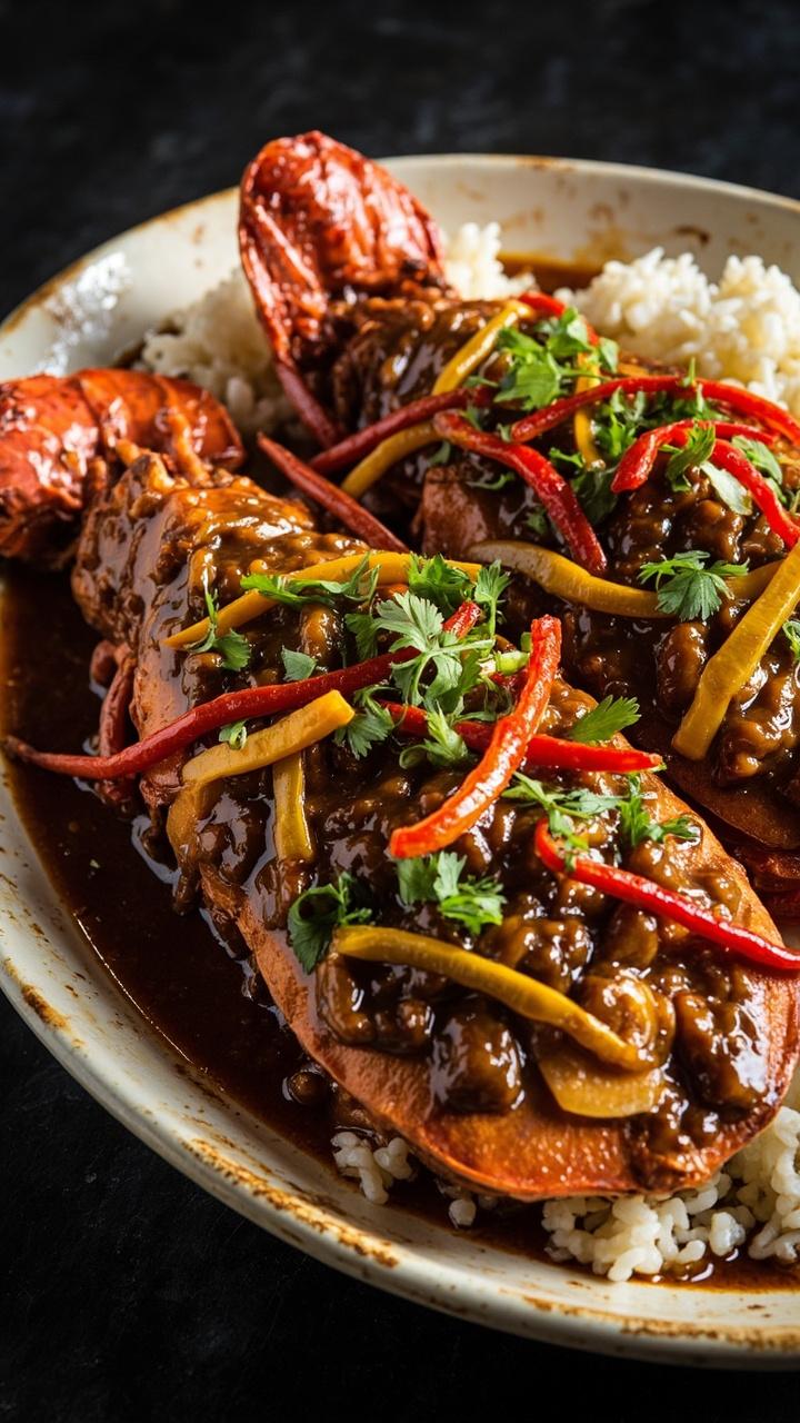 Halved steamed lobsters are spread out on a wide platter, the meat covered in a rich brown-black bean sauce with slivers of bell pepper. Chopped cilantro and sliced scallions add pops of green, and fluffy white rice sits nearby.