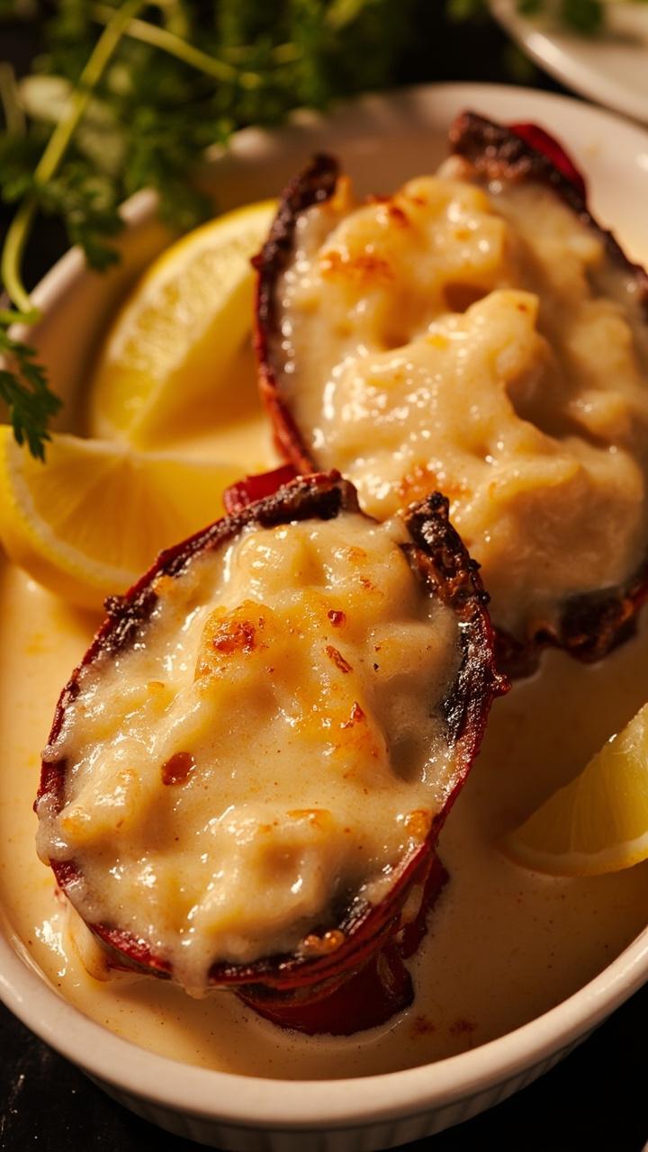 Lobster halves are brimming with golden, bubbly cream sauce, topped with broiled Gruyère and parmesan until crisp. The shells rest on an oval white gratin dish, with parsley and lemon jostling for space. The cheese is just browned at the edges.