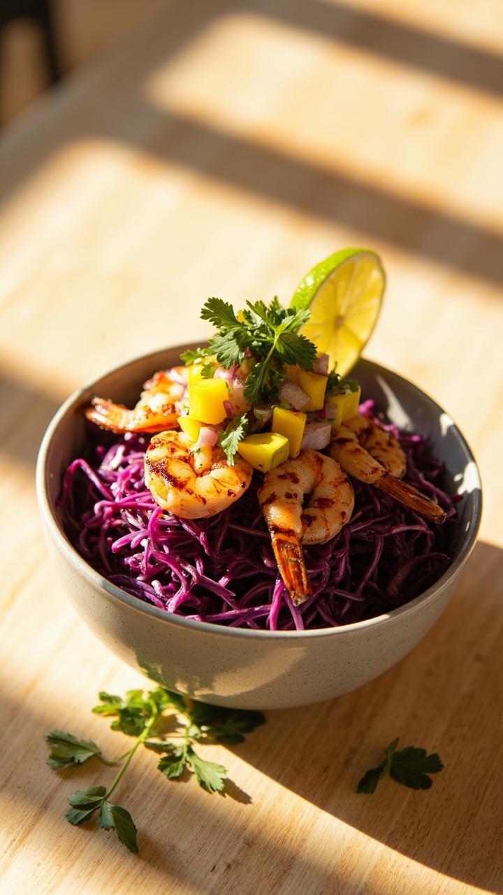 Bowl with layers of shredded purple cabbage, grilled shrimp, mango salsa featuring chopped mango, red onion, and fresh cilantro, topped with a lime wedge and garnished with extra cilantro on a light wooden table.