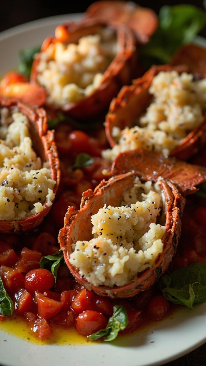 Whole lobster halves rest on a platter, surrounded by chunky tomato basil salsa, jewels of cherry red and deep green. The salsa pools around the lobster meat, with a generous drizzle of olive oil and flakes of sea salt glistening on top.