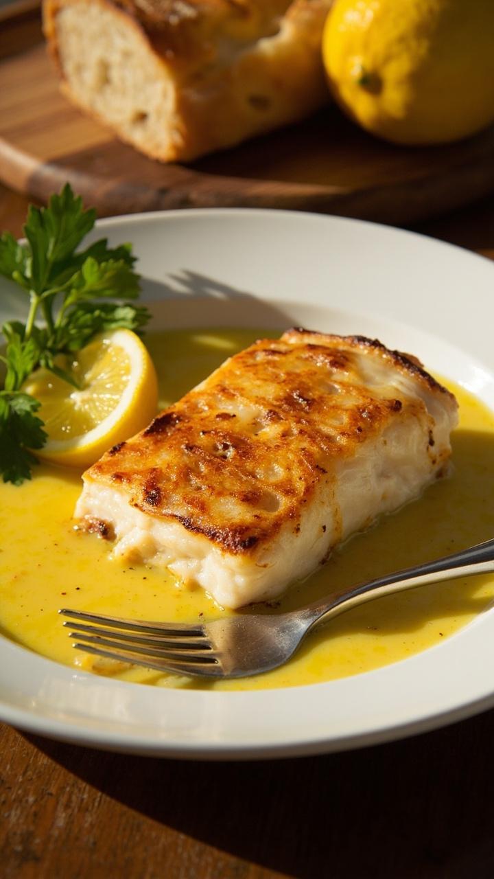 A golden cod fillet with crispy edges sits on a white ceramic plate, surrounded by a glossy pool of lemon butter sauce. A wedge of lemon and a few sprigs of parsley are on the side, with a fork resting nearby and a slice of crusty bread in the background.