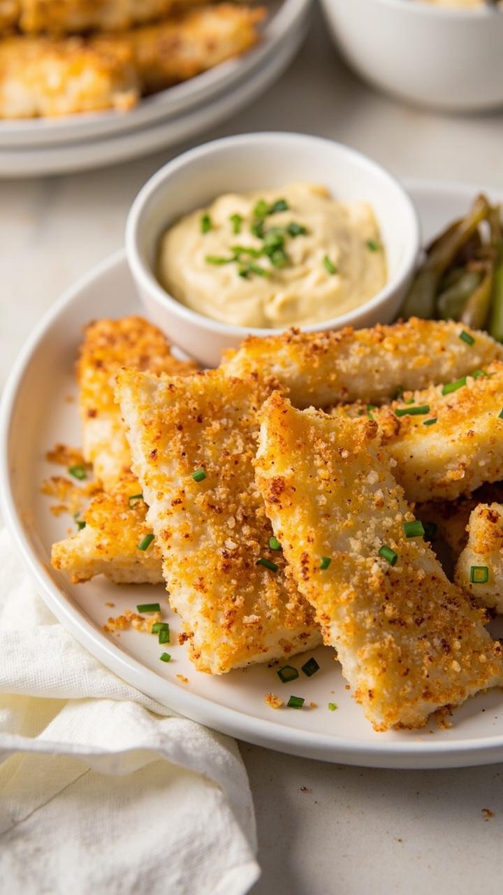Cod fillets coated with a thick, golden parmesan crust are stacked on a round plate. A little bowl of creamy dip and a sprinkle of chopped chives finish the plate, with a linen napkin nearby.