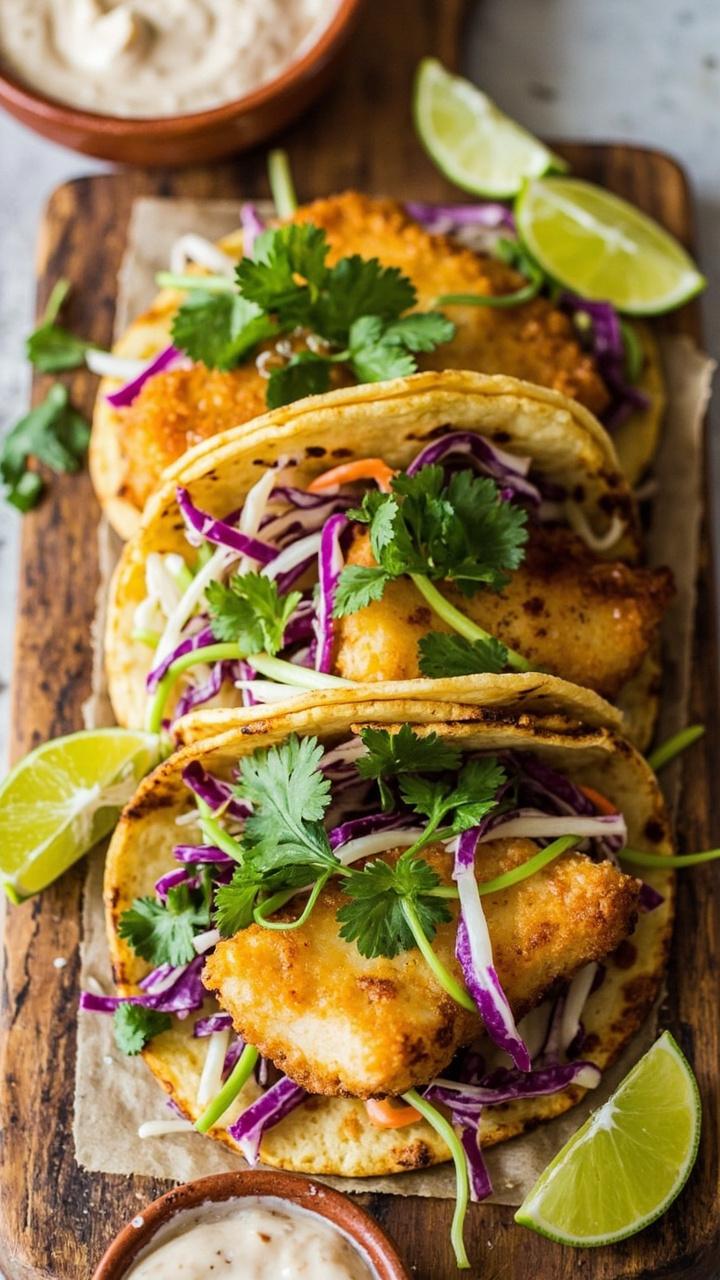 Warm corn tortillas are folded around pieces of pan-fried cod, topped with colorful shredded cabbage slaw and cilantro. Lime wedges and a ramekin of creamy sauce sit on a rustic wooden board.