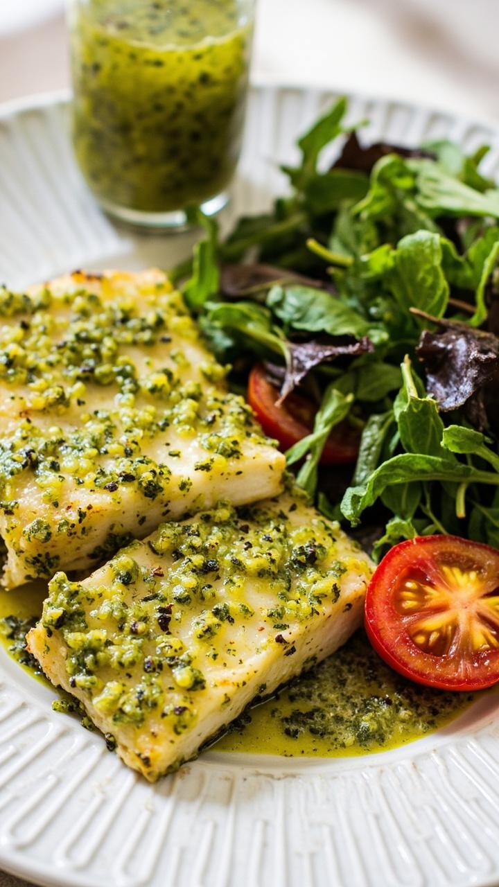 Golden cod fillets coated in a green-specked herb crust sit on a textured white plate, with a side of baby arugula and a few halved grape tomatoes. A small squeeze bottle of herby vinaigrette sits next to the plate.