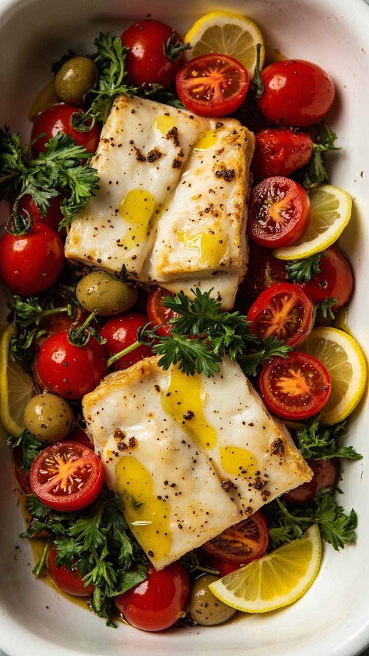 Thick cod fillets are nestled in a shallow white dish, surrounded by bursts of cherry tomatoes, green olives, fresh parsley, and lemon wedges, with a drizzle of olive oil glistening on top.
