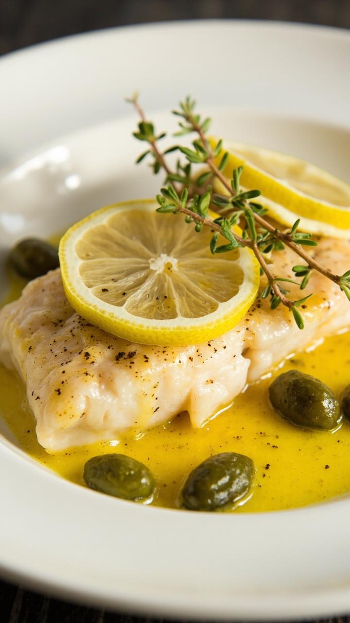 Juicy cod fillets rest on a shallow white bowl, spooned over with a glossy garlic-caper butter sauce. A few capers and slices of fresh lemon are scattered around, with a sprig of thyme to finish.