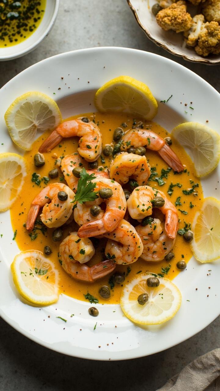 A shallow white bowl filled with sautéed shrimp in lemony caper sauce, dotted with sliced lemon rounds, chopped parsley, and a few capers scattered throughout, served with a side of olive oil-drizzled roasted cauliflower.