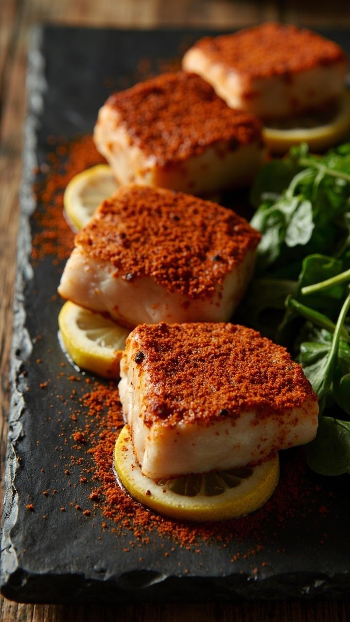 Vividly red, paprika-dusted cod fillets are arranged on a dark slate plate, with thin lemon rounds tucked under each, and a pile of fresh baby spinach on the side.