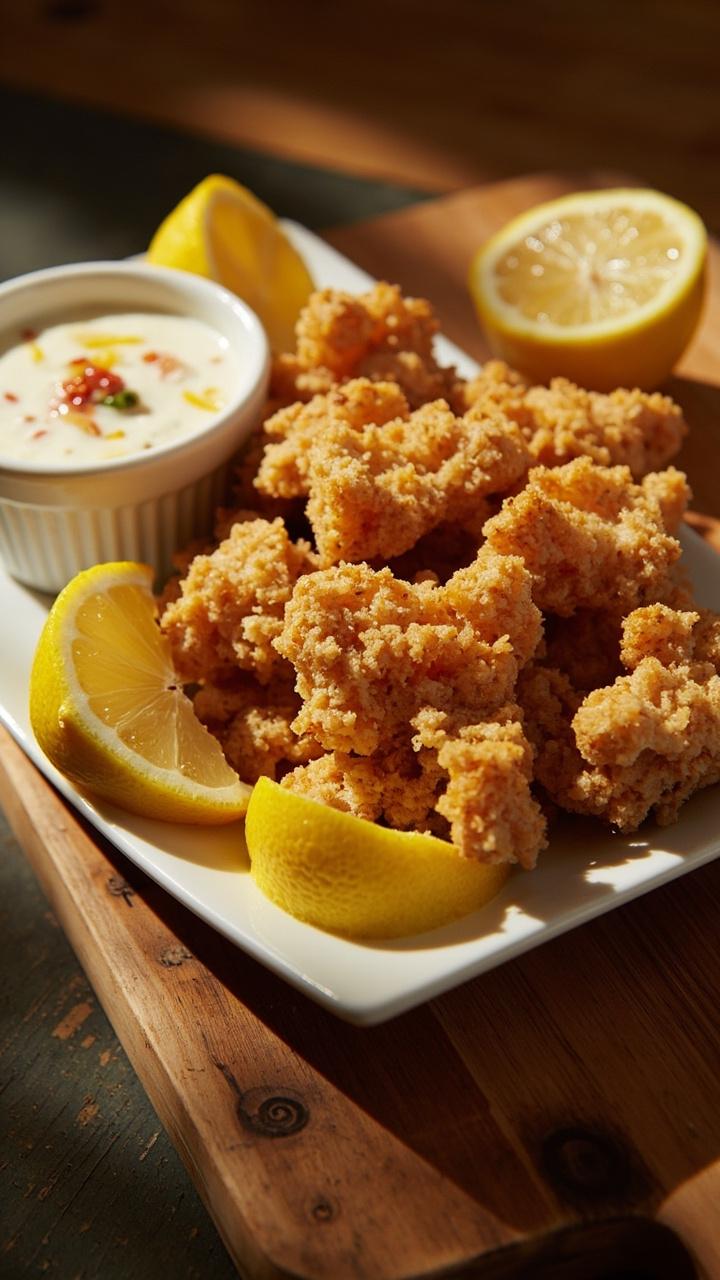 Chunky cod pieces in a thick, golden, panko crust are lined up on a rectangular platter with a small bowl of tartar sauce and lemon wedges. The plate sits atop a rustic wooden board.