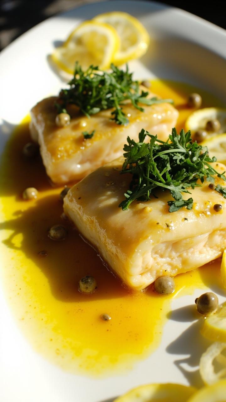 Two cod fillets on a wide, shallow plate are draped with a glossy lemon-caper piccata sauce, and lemon slices are arranged along the edge. Fresh parsley is sprinkled on top.