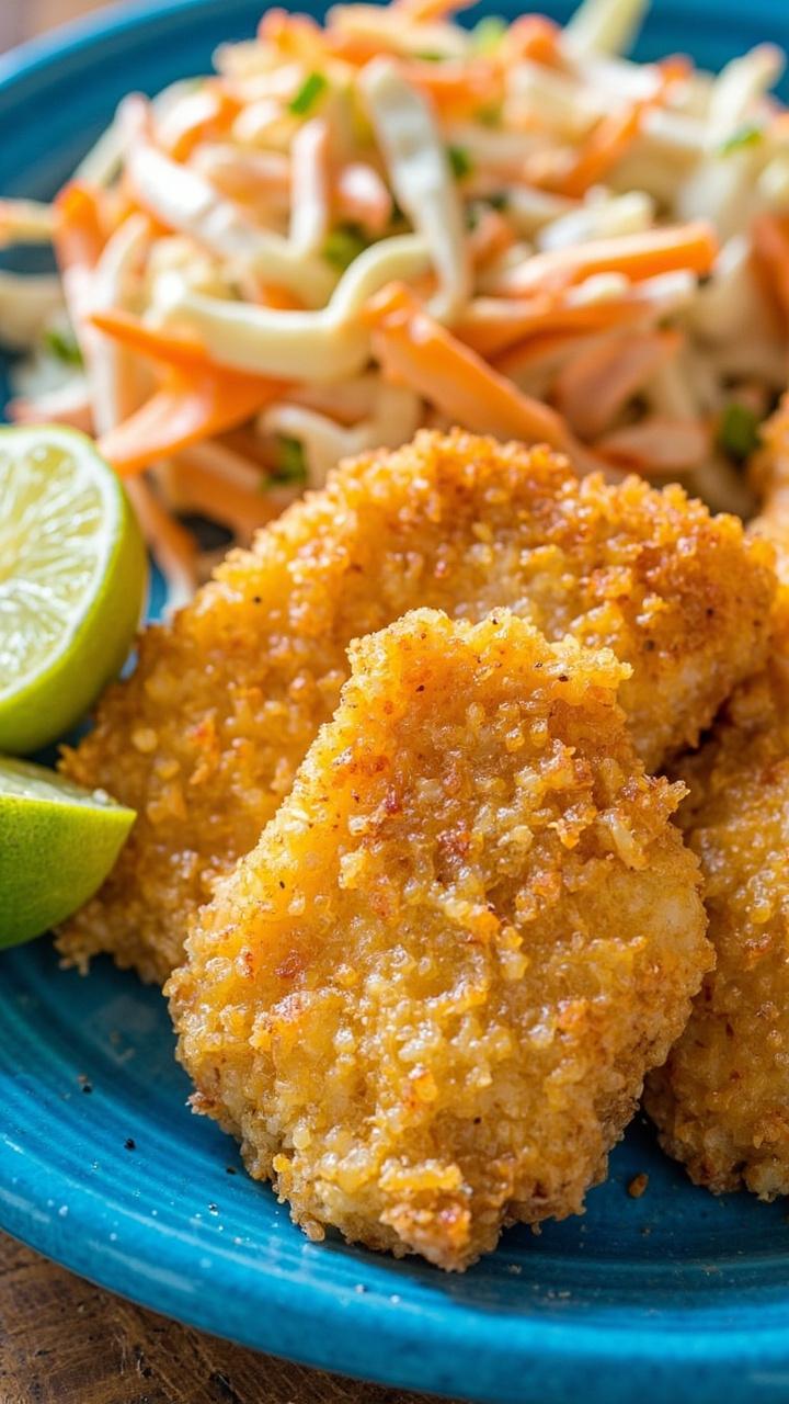 Cod fillets with a golden, textured cornmeal crust are on a blue ceramic plate, set beside a helping of creamy coleslaw and a wedge of lime.