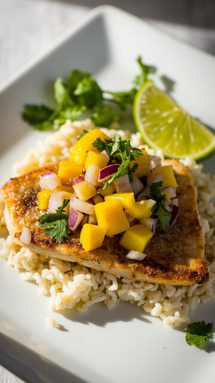 A fillet of browned cod is topped generously with chunky, colorful mango salsa, including red onion and cilantro. It’s plated on a white square dish with a fresh lime wedge to the side.