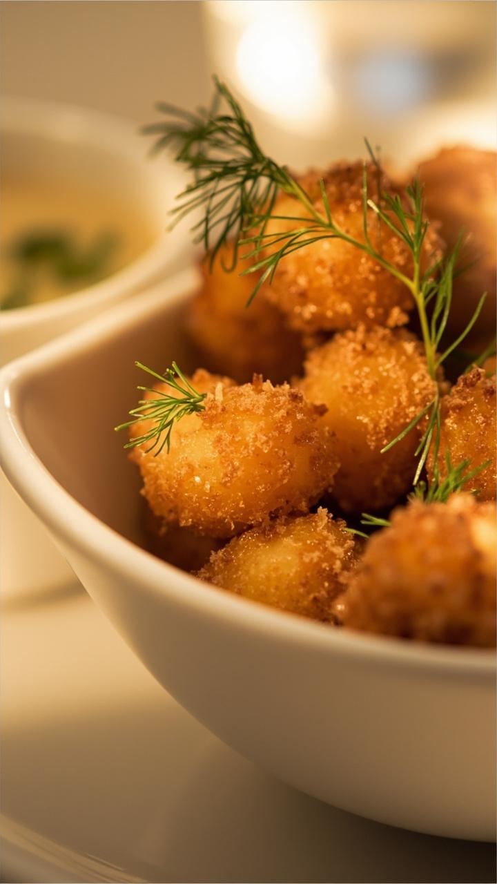 Small, evenly sized cod bites with a golden, bubbly coating are heaped in a white bowl with tiny sprigs of dill scattered over. A small ramekin of creamy dipping sauce sits alongside.
