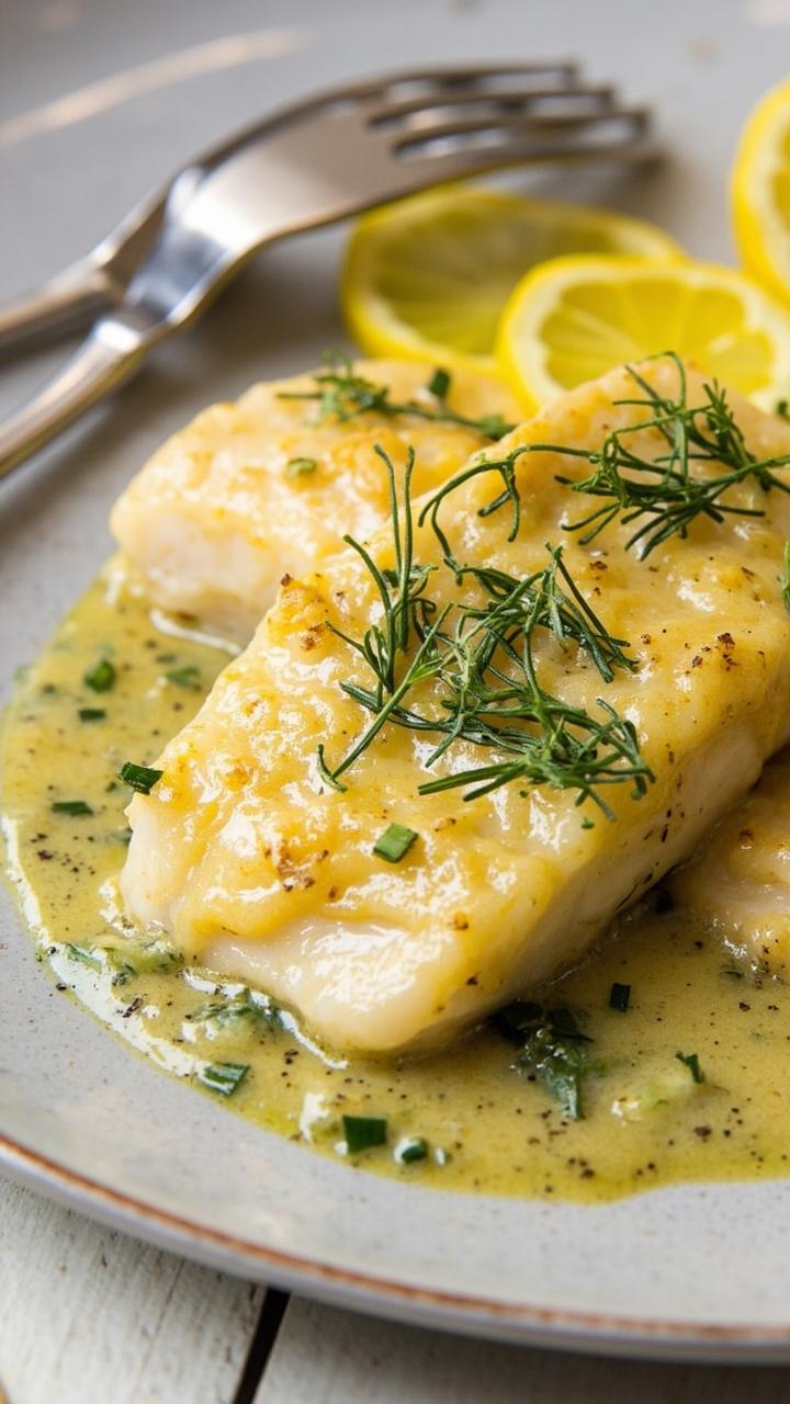 Golden cod fillets are nestled on a pale grey plate, drizzled with creamy dill mustard sauce, and finished with a scattering of chopped fresh dill. A few slices of lemon are to the side, with a fork resting in the background.
