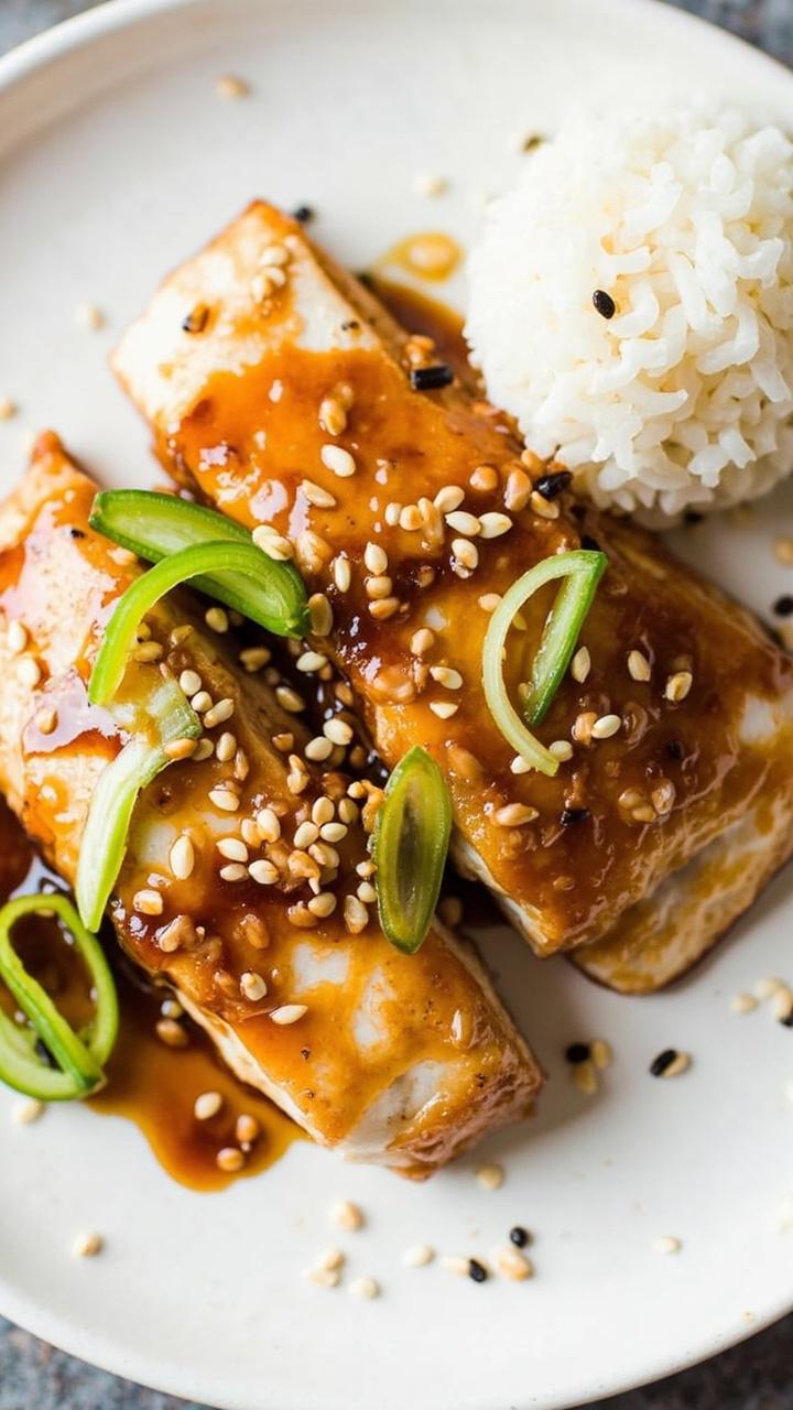 Cod fillets with a gleaming brown soy-ginger glaze are arranged on a round plate. A scatter of sliced scallions and a sprinkle of sesame seeds decorate the fish, with a neat pile of white rice to the side.