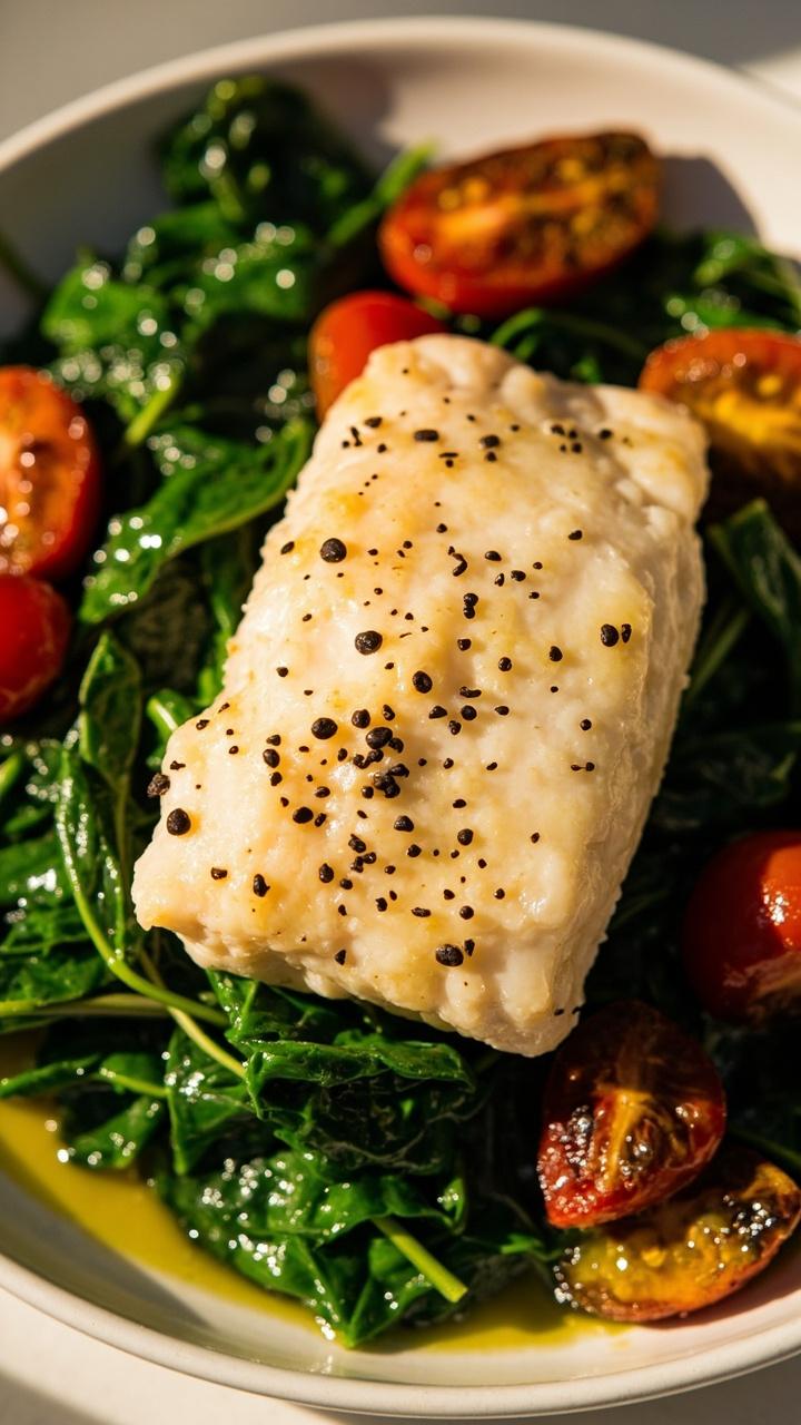 A generous cod fillet sits over a bed of bright green sautéed spinach and juicy blistered cherry tomatoes on a low, rimmed plate. A shower of cracked black pepper and a small drizzle of olive oil bring the colors together.