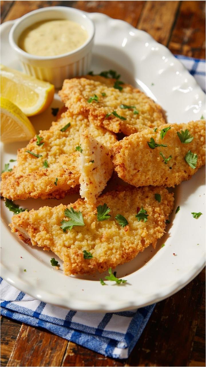 Golden, cornmeal-crusted catfish filets arranged on a white platter, sprinkled with chopped parsley. Lemon wedges and a small bowl of creamy tartar sauce sit on the side. The surface is a weathered wooden table with a blue-checkered napkin peeking out.