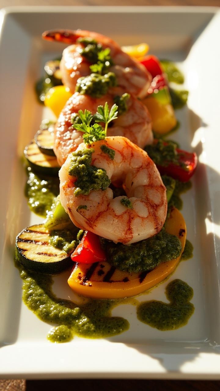 Rectangular white plate with a mound of garlic-roasted shrimp, grilled vegetables like zucchini and bell pepper, all drizzled generously with green chimichurri sauce and a handful of parsley on top.