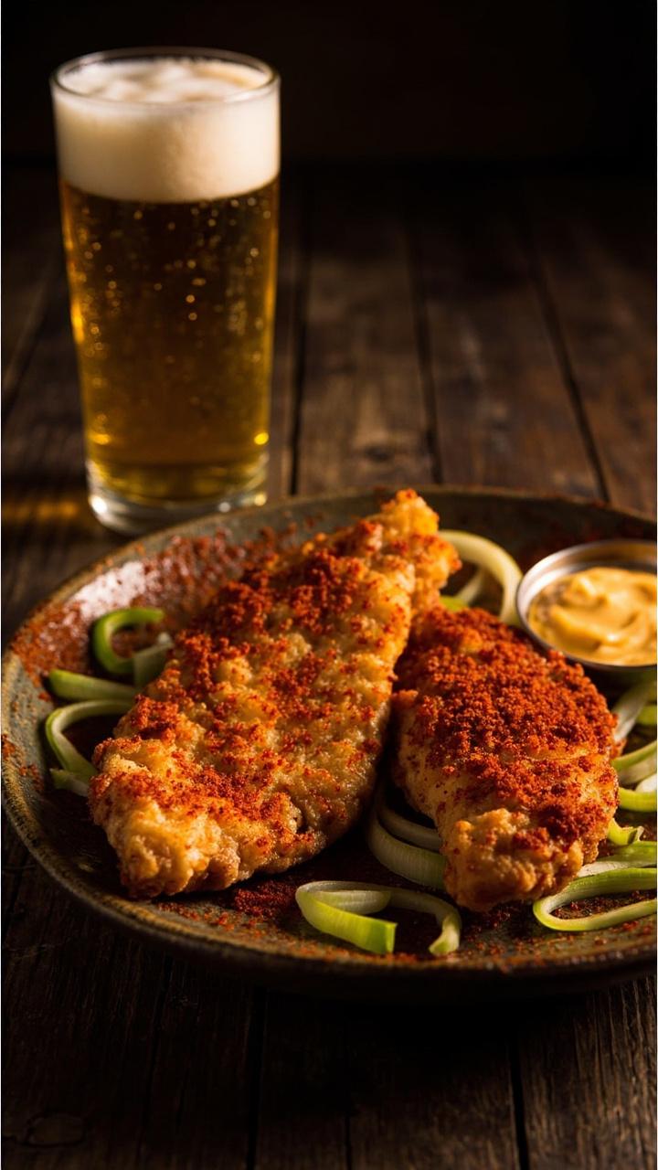 Deep golden catfish filets dusted with red Cajun seasoning, served on a rustic plate. Garnished with sliced green onions and a dollop of remoulade sauce. There’s a dark wooden table and a cold glass of lager nearby.
