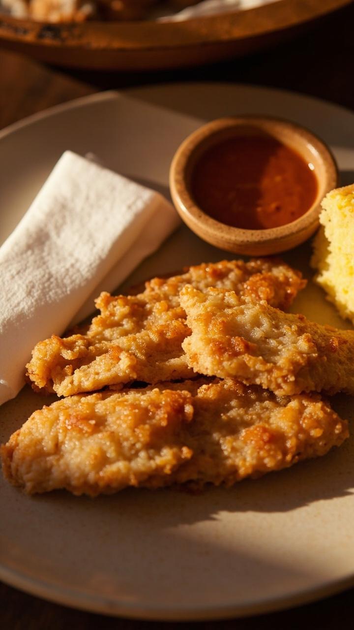 Thick, perfectly crisp catfish filets on a pale ceramic plate, their golden crust slightly craggy. A small bowl of dipping sauce, a wedge of cornbread, and a napkin folded beside.