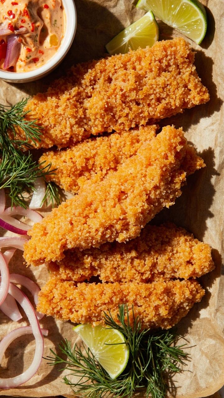 Catfish strips coated in an extra-textured crust, laid out on a baking sheet lined with parchment. There’s a side of sriracha mayo and pickled onions. Lime wedges and a sprinkling of fresh herbs complete the scene.
