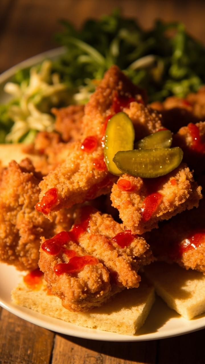 Strips of deep golden fried catfish glisten with spicy red oil, served atop white bread slices. There’s a garnish of dill pickles and a simple salad on the side.