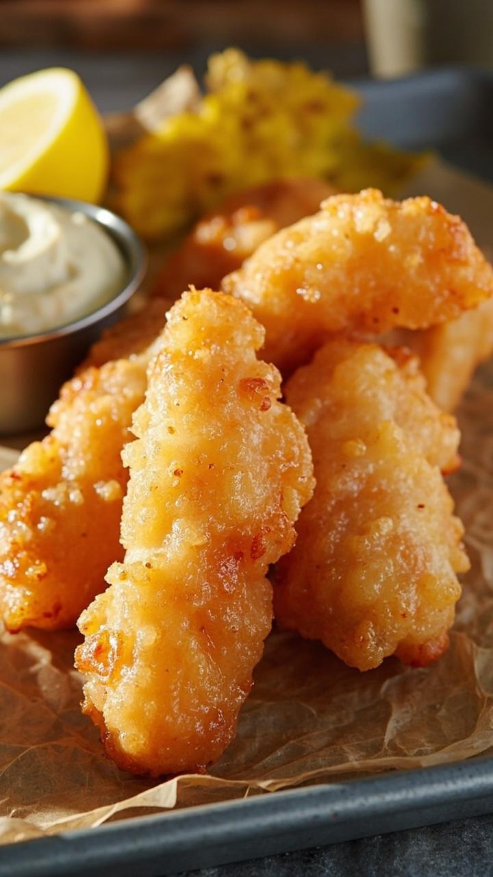 Thick fillets in a shatteringly crisp golden batter, stacked casually on parchment. Small bowls of tartar sauce and lemon wedges around, set on a slate-blue tray.