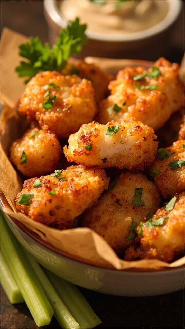 A bowl filled with golden-brown, bite-sized catfish nuggets, dusted with parsley. There’s a dipping sauce in a small ramekin, and a few celery sticks alongside.