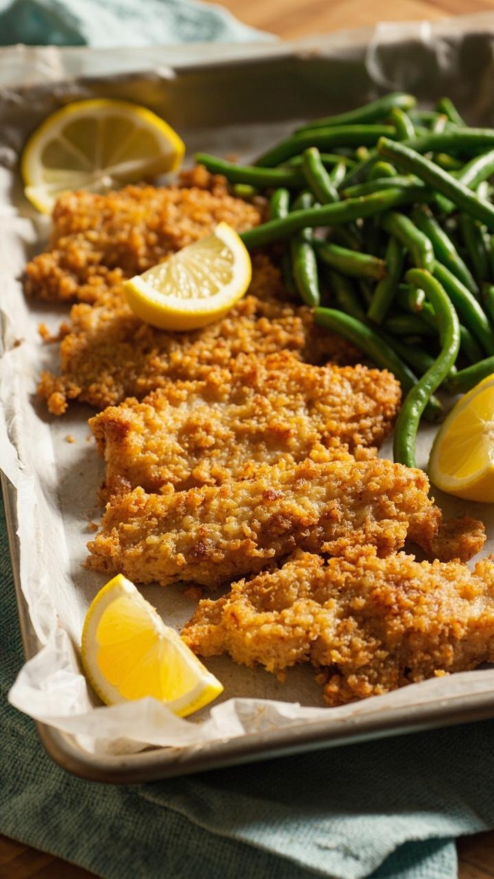 Crisp, golden catfish filets on a sheet pan lined with parchment, served with lemon wedges and a pile of fresh green beans on the side. The plate is set on a pale blue dish towel.