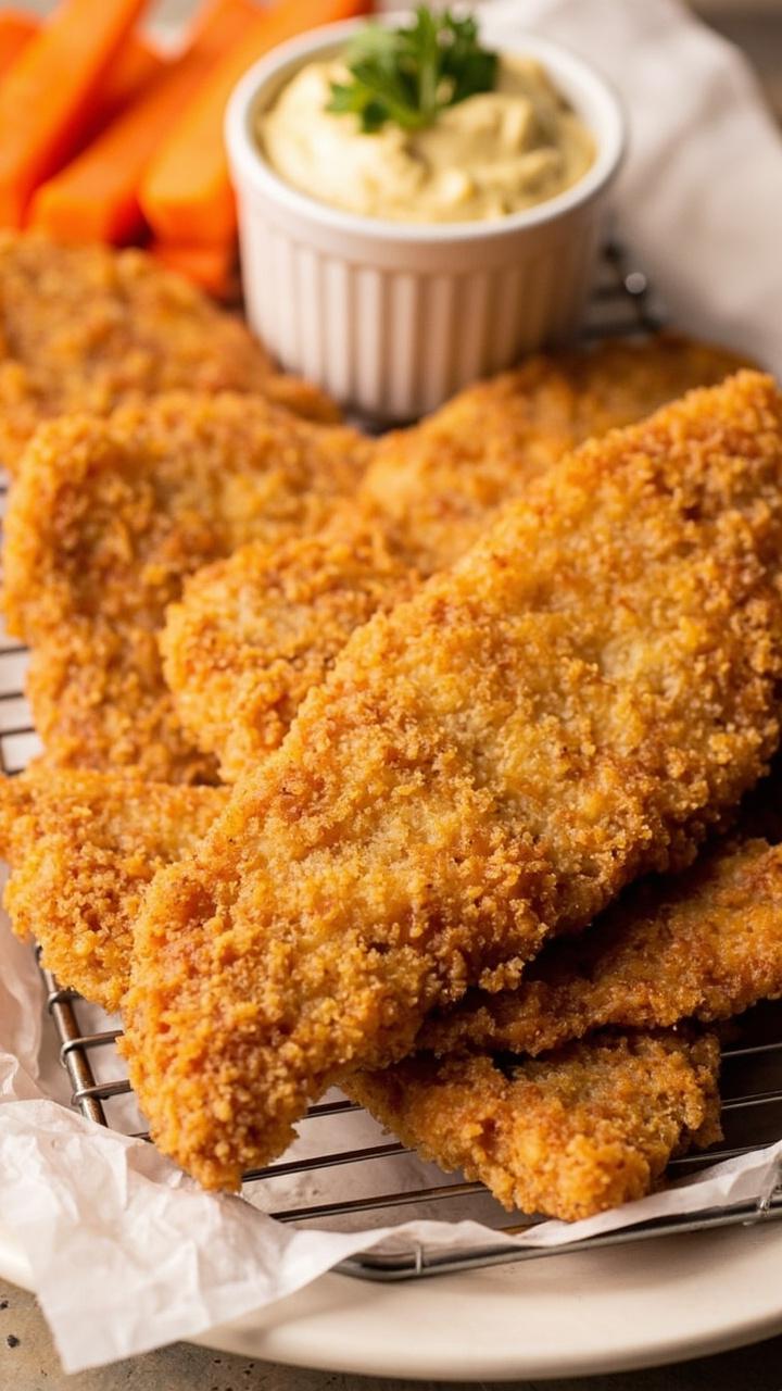 Catfish filets with a uniform, golden breading, resting on a wire rack over a plate. A ramekin of remoulade and a handful of carrot sticks nearby.