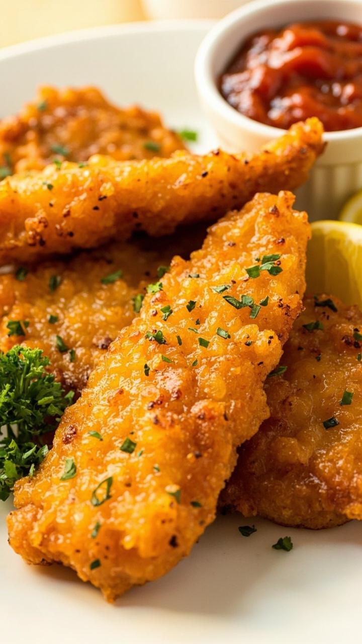 Thick catfish filets with a visibly crackling, golden crust, stacked on a simple platter with parsley scattered over. There's a ramekin of hot sauce and a wedge of lemon.