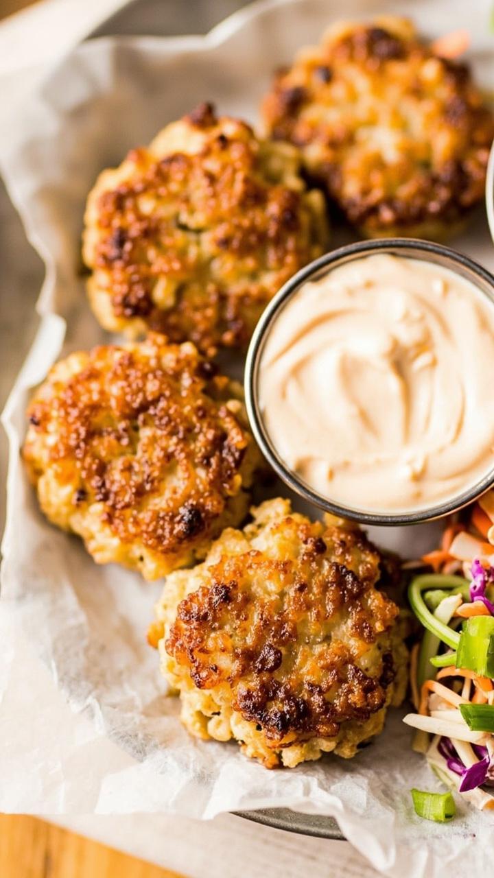 Four crispy golden-brown shrimp cakes arranged on a parchment-lined plate, with small bowls of creamy Whole30 ranch and a simple slaw of shredded cabbage and carrots, garnished with sliced scallions.