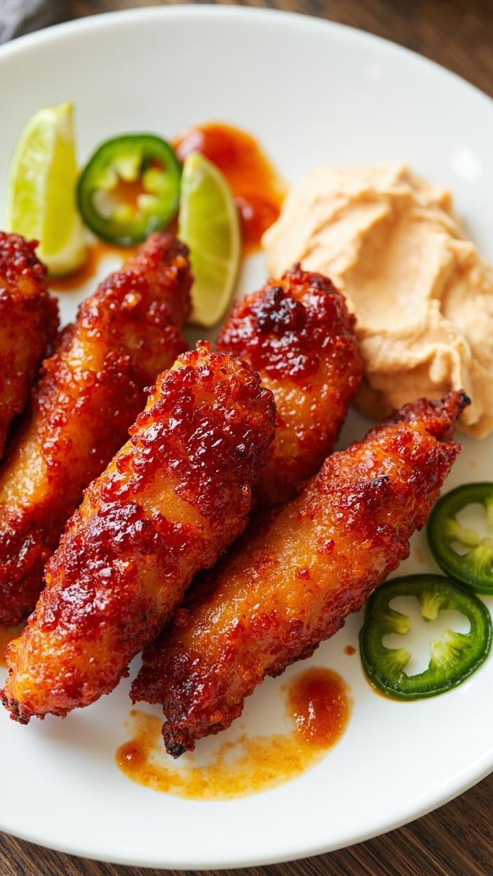 Filets with a fiery-red toned crust, stacked on a white round plate. A side of spicy mayo, thin sliced jalapeños, and a couple of lime wedges nearby.