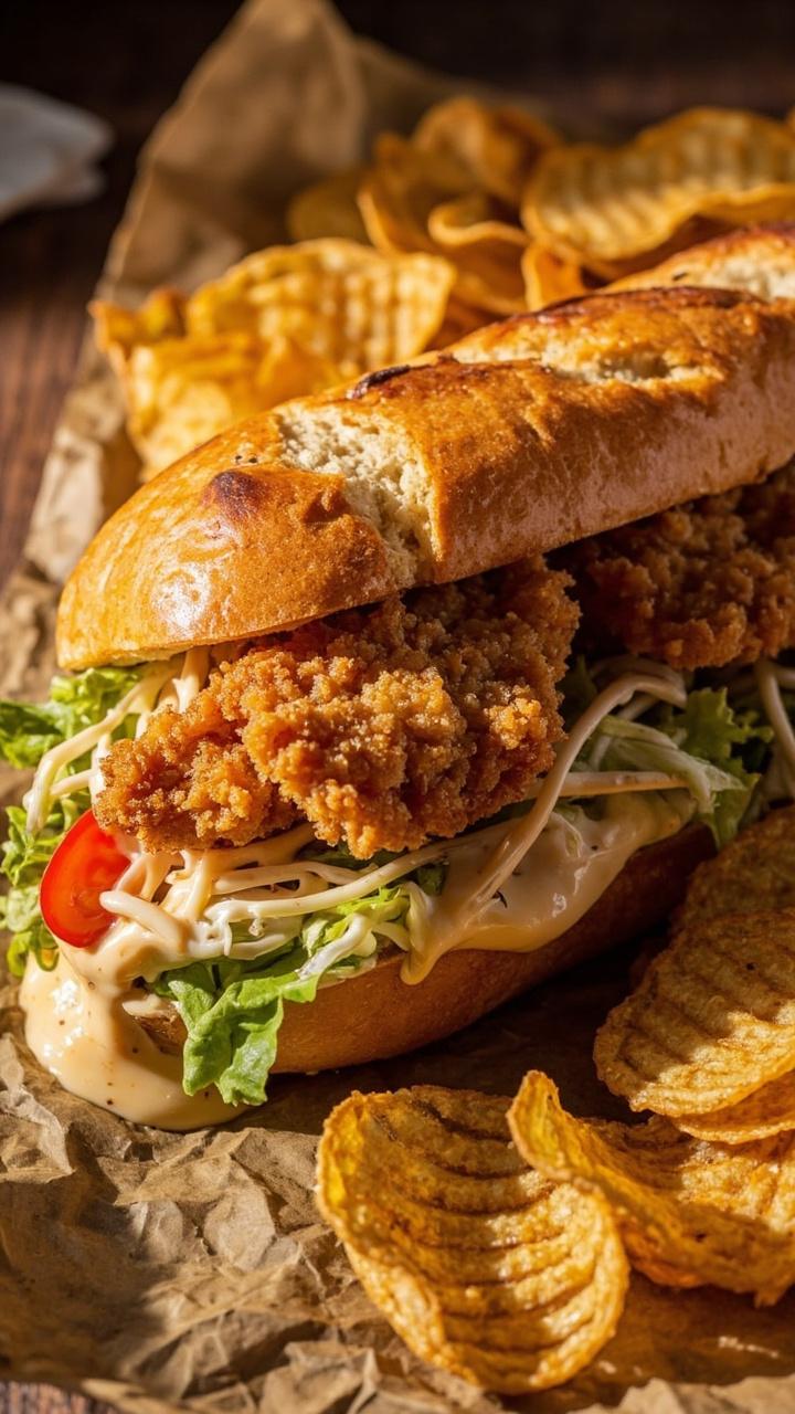 A crusty French baguette split and stuffed with crunchy catfish filets, shredded lettuce, sliced tomatoes, and creamy remoulade oozing out one end. The sandwich sits on parchment with a side of kettle chips.