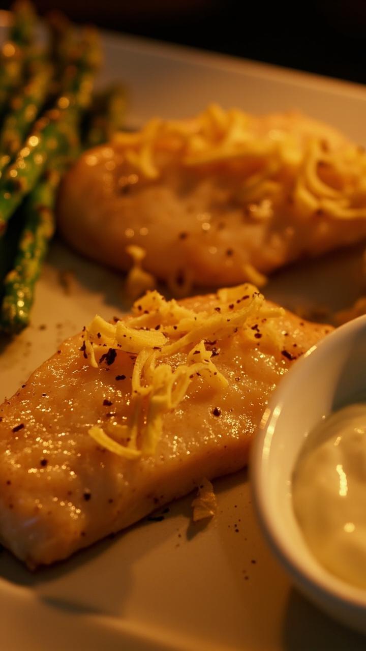 Catfish filets fried a gentle golden color, dusted with black pepper and grated lemon zest. Served with roasted asparagus and a small dish of tartar sauce.