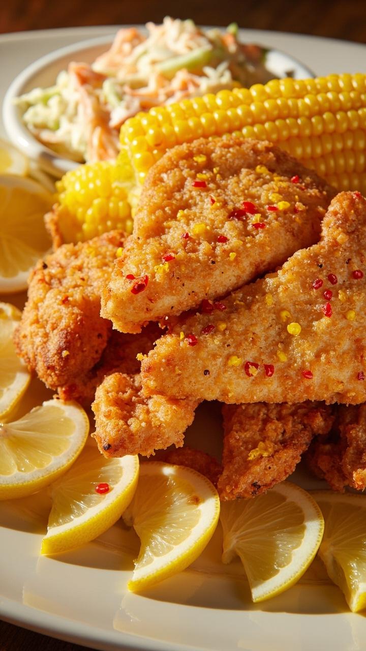 Filets fried golden, dusted with specks of red and yellow Old Bay, stacked on a platter with sliced lemons, corn on the cob, and a side of creamy coleslaw.