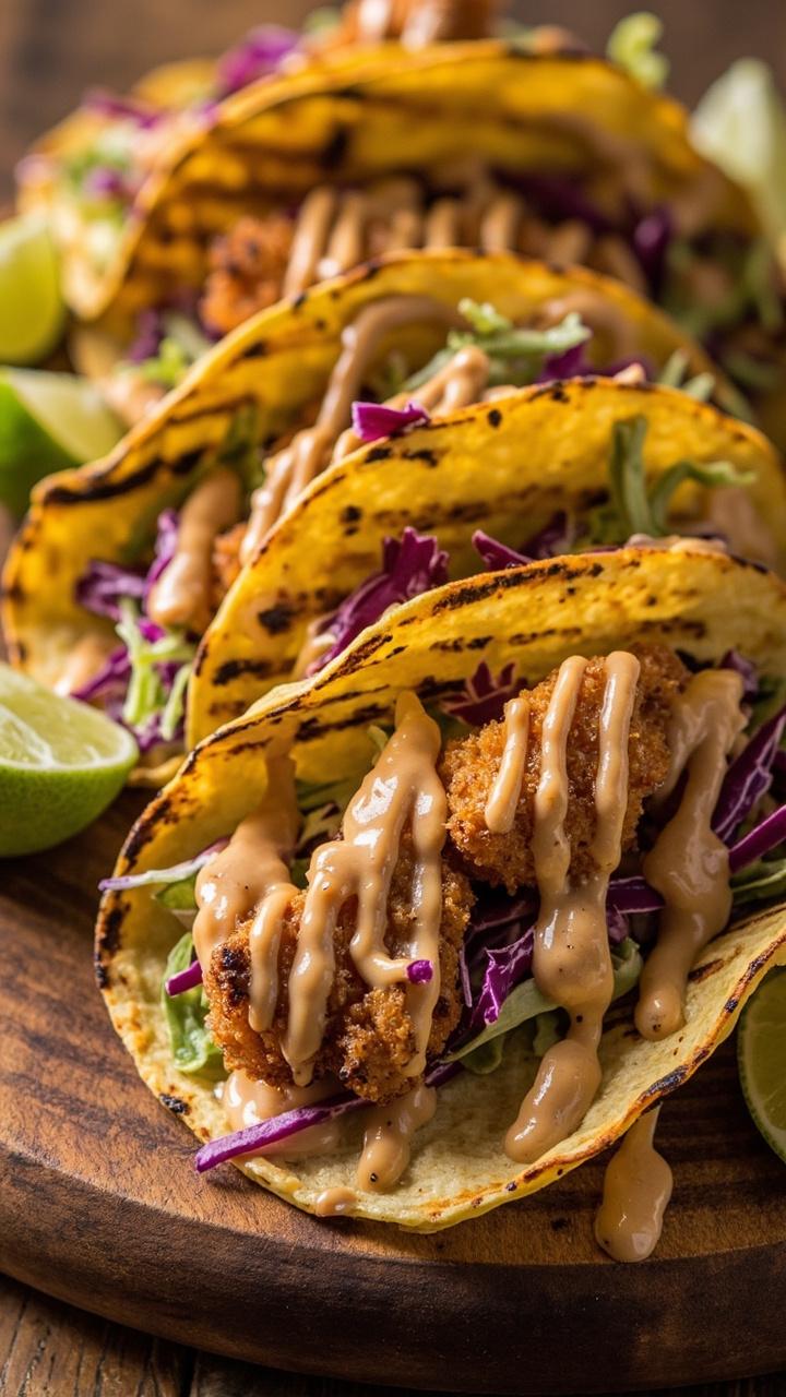 Warm corn tortillas filled with crisp catfish, shredded cabbage slaw, and a drizzle of chipotle crema, all laid out on a round serving board with a few lime wedges.